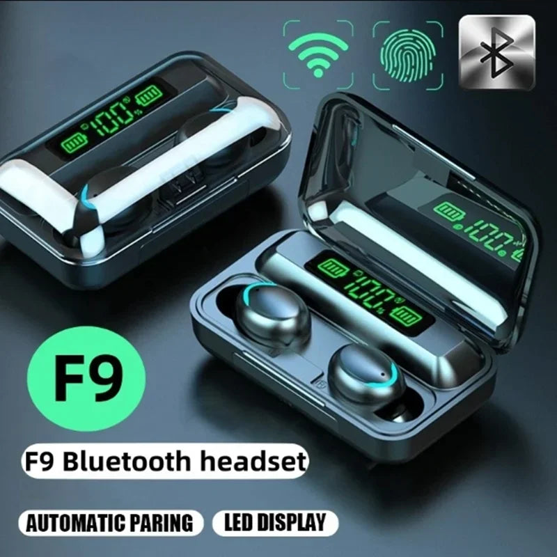 Casque Bluetooth sans fil F9 Tws Écouteurs étanches Écouteurs Affichage numérique Casque Grande capacité Étui de chargement