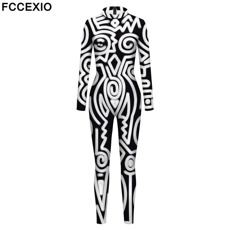 FCCEXIO Geometry Print Holiday Party Bodysuit Women Jumpsuit Carnival Party Stretch Casual Wear Cosplay Costume Sexy Jumpsuit