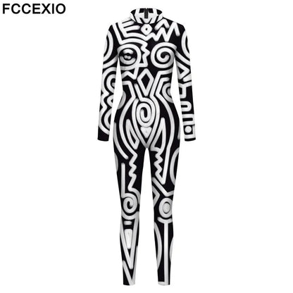 FCCEXIO Combinaison de fête de vacances à imprimé géométrique pour femme Combinaison de carnaval extensible pour fête de carnaval Costume de Cosplay Combinaison sexy