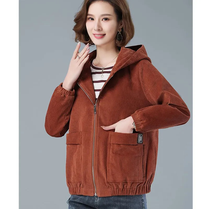 Corduroy Short Coat 5XL Women's 2024 Spring Autumn New Korean Loose Solid Hooded Jacket Fashion Casual Female Zipper Coat Tops