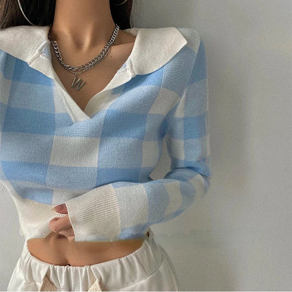 Automne Hiver Vintage Tricots Crop Tops Femmes Pulls Pulls Mode Femme À Manches Longues Élastique Décontracté Plaid Tricoté Chemises