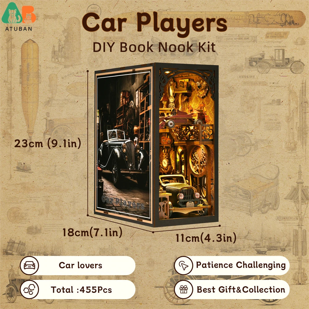 ATUBAN Book Nook Kit Classic Car F1 DIY Wooden Puzzle Bookshelf Insert Decor Dollhouse Model Bookend Building Decoration Gifts