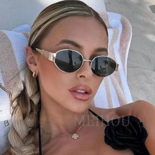 Trendy Oval Sonnenbrille für Frauen 2024 Luxus Marke Designer Metallrahmen Sonnenbrille Damen Klassische Vintage Runde Shades Unisex