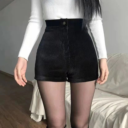 Black Women Corduroy Shorts Sexy Slim High Waist Female Casual Shorts Autumn Stretch Goth New Fashion All Wear Ladies Shorts