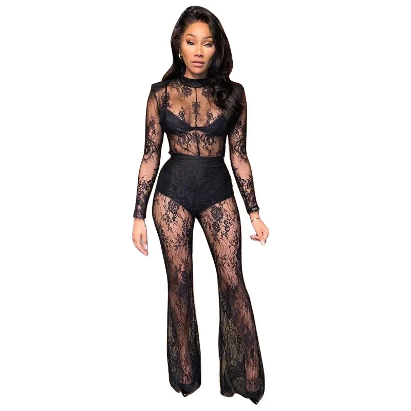 Summer Women Fashion Lace Hollow Out Bodysuit Pants Sets Slim Onesies Flare Pants Versatile Women's Chic Long Leggings