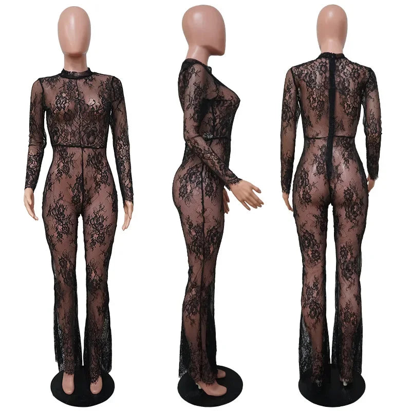 Summer Women Fashion Lace Hollow Out Bodysuit Pants Sets Slim Onesies Flare Pants Versatile Women's Chic Long Leggings