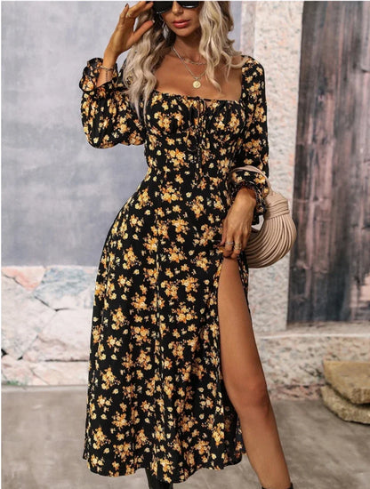 Retro Print Dress Women Boho Elegant Lace Up Side Splits Dresses Ladies Casual Sexy Square Neck Long Sleeve Dress Beach Party