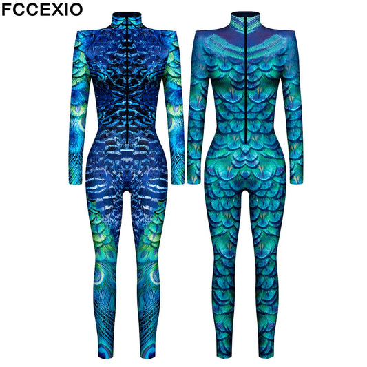 FCCEXIO Motif Plume De Paon Imprimé 3D Cosplay Costume Sexy Combinaison Body Adulte Carnaval Fête Vêtements S-XL monos mujer