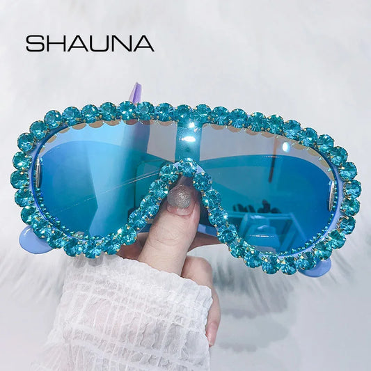 SHAUNA Luxury Crystal Oversized Mirror Coating Women Goggle Sunglasses UV400