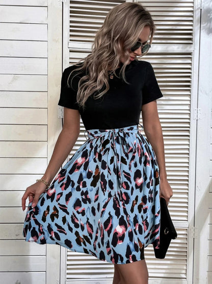 Women Leopard Patchwork A-line Dress 2024 Summer O Neck Short Sleeve Mini Dresses Office Lady Casual Dresses Vestido Playa