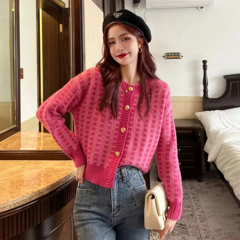 Y2k Pink Women Cardigan Korean Sweet Plaid Long Sleeve Female Sweaters Harajuku New O Neck Preppy Style Ladies Tops