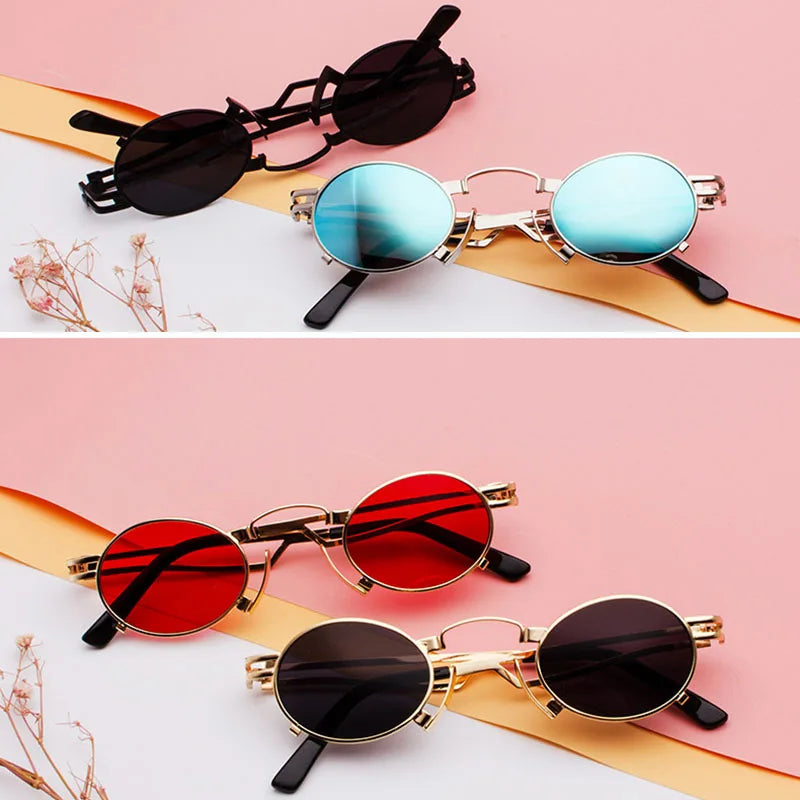 SHAUNA Vintage Punk Oval Sunglasses Men Hollow Out Metal Frame Red Lens Shades UV400