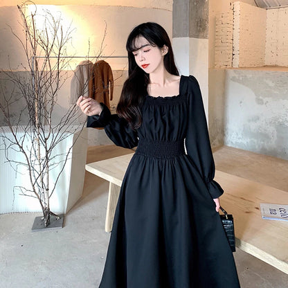 Women Black Folds Elegant Long Dress Retro Loose Sweet Square Collar Female Dress Spring Autumn All Match Casual Ladies Vestidos