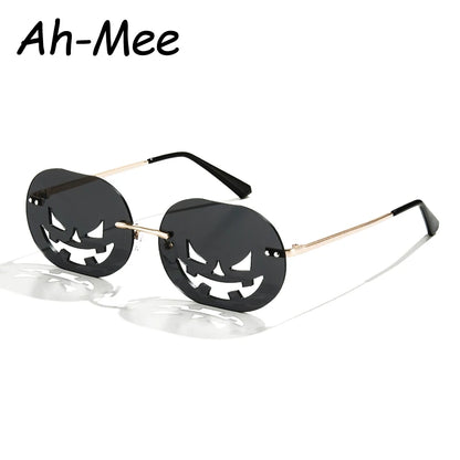 Randlose Kürbisform Halloween Sonnenbrille Frauen Männer Oval Legierung Rahmen Sonnenbrille Weibliche Kürbis Punk Brille Oculos