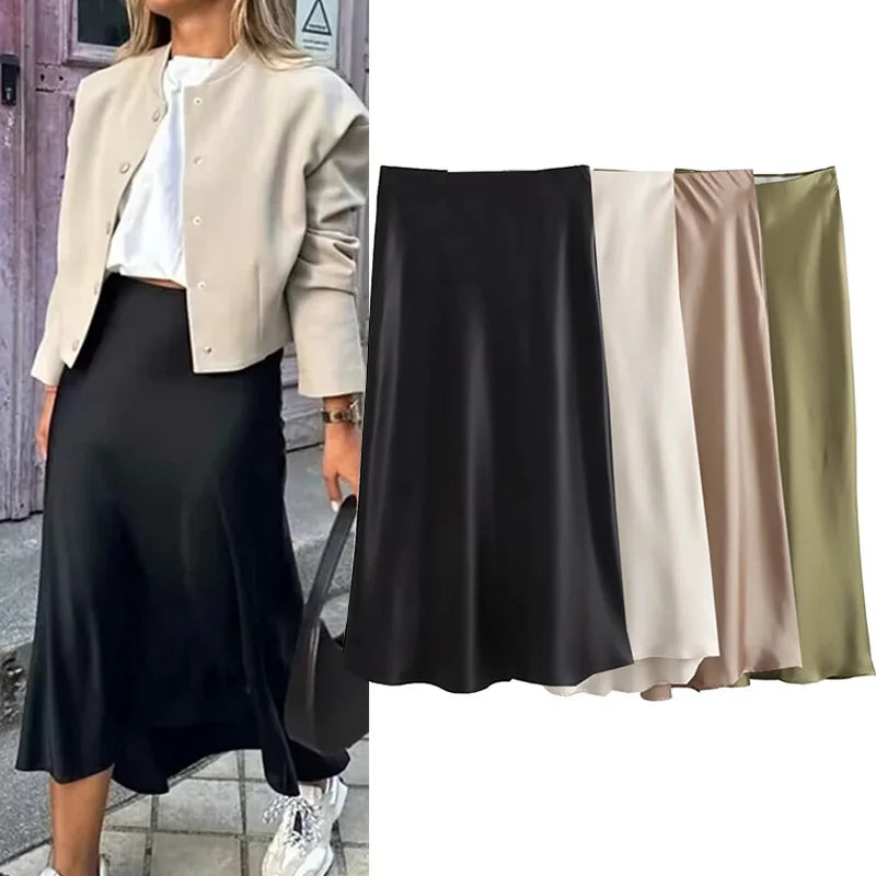 ONKOGENE 2024 Schwarz Satin Rock Frau Hohe Taille Elegante Lange Röcke Für Frauen Mode Sommer Midi Rock Büro frauen röcke