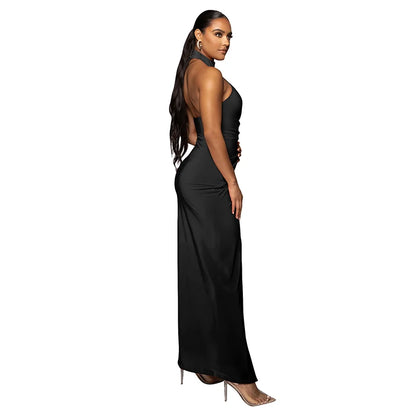 Elegant Women Halter Sleeveless Backless Draped Pleated Long Dress Sexy Bodycon Outfit Evening Birthday Party Wedding Dress