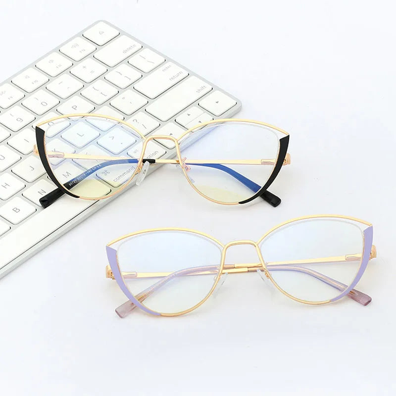 SHAUNA Spring Hinge Fashion Metal Half Frame Women Cat Eye Optical Frames Anti Blue Light Computer Glasses