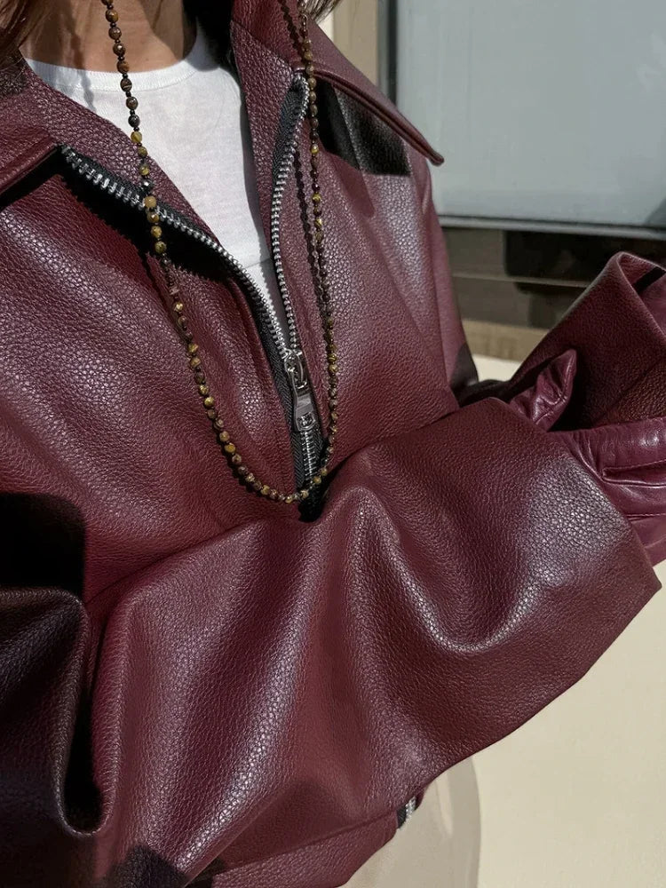 Street Leather Women' Jacket Wine Red Turn Down Long Sleeve Pu Female Coats 2024 Vintage Pocket Zipper Motorcycle Lady Outwears