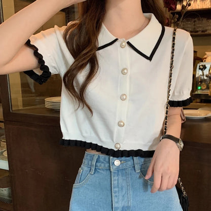 Süßes Damenhemd Koreanischer Strick Umlegekragen Chic Kurzarm Damenbluse Sommer Retro Schlank All Match Damen Crop Tops