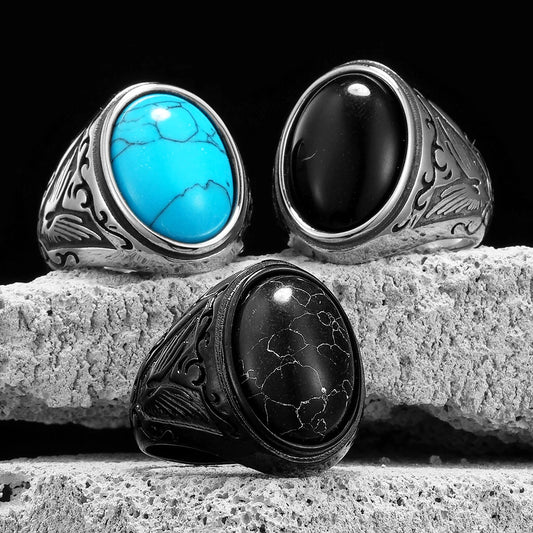 Bagues pour hommes sculptées en turquoise noire en acier inoxydable pour femmes, bijoux vintage punk rock, trucs cool, accessoires de mode, cadeau en gros