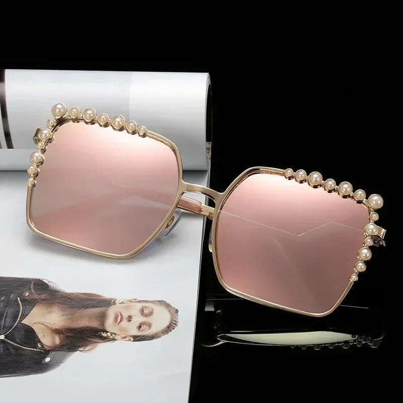 2024 New Luxury Pearl Sunglasses Women Brand Designer Oversized Square Sun Glasses Ladies Fashion Shades Oculos De Sol UV400