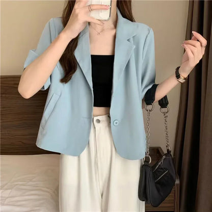 Summer Blazers Women Blazers Medium Elasticity Polyester Short Sleeves Single Breasted Solid Color Summer Hot New