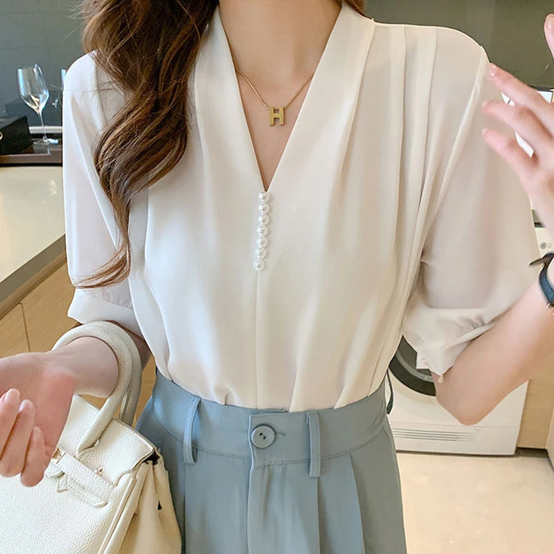 Women Chiffon Blouse Korean New Elegant Pearl Short Sleeve Female Shirt Summer Office V Neck All Match Chic Thin Ladies Tops