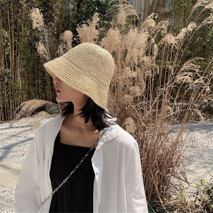 Chapeau de pêcheur tendance pour femme, chapeau d'été en paille tissé à la main, chapeau de plage, chapeau de protection solaire