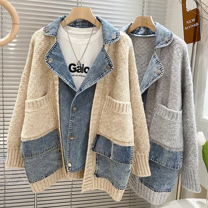 2023 Nouvelle Automne Hiver Femmes Épissage Denim Veste Femmes À Manches Longues Jean Vestes Femme Lâche Pull Cardigan Veste