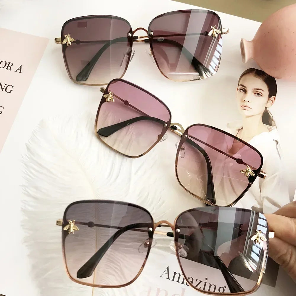 Luxury Brand Designer Sunglasses Woman Vintage Rimless Square Sun Glasses Female Gradient Shades Little Bee Ladies Oculos