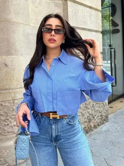 TRAF Women's Cropped Shirt Fashion Woman Blouse 2024 White Blue Striped Shirts and Blouses Autumn Long sleeve Short Top Female