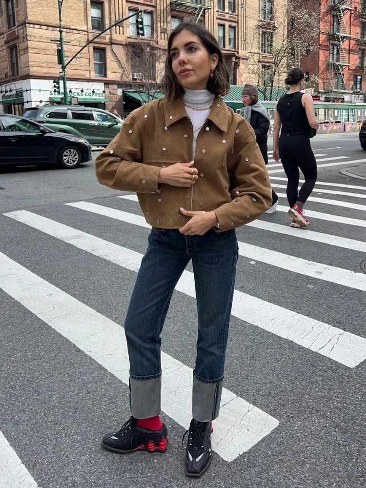 High Street Studded Suede Jacket For Women Autumn Lapel Casual Short Jacket Female Solid Ride Motorcycle Coats Outwears  ﻿