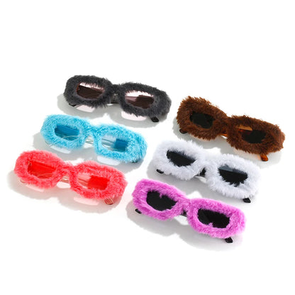 SHAUNA Retro Small Rectangle Sunglasses Women Fashion Blue Pink Soft Plush Decoration Trending Men Square Sun Glasses