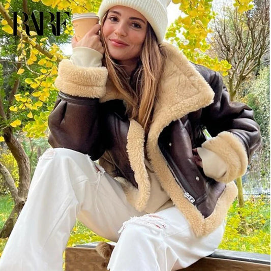 RARF 2024 New Autumn Winter Women Faux Lamb Fur Short Jacket Vintage Female Moto Biker Zipper Thick Warm Coat Fleece Outwear