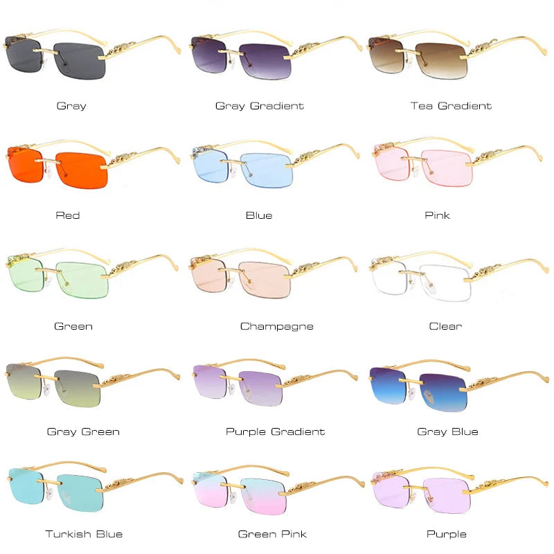 SHAUNA Fashion Small Rimless Rectangle Sunglasses Women Retro Cheetah Ocean Film Eyewear Men Tinted Sun Glasses UV400