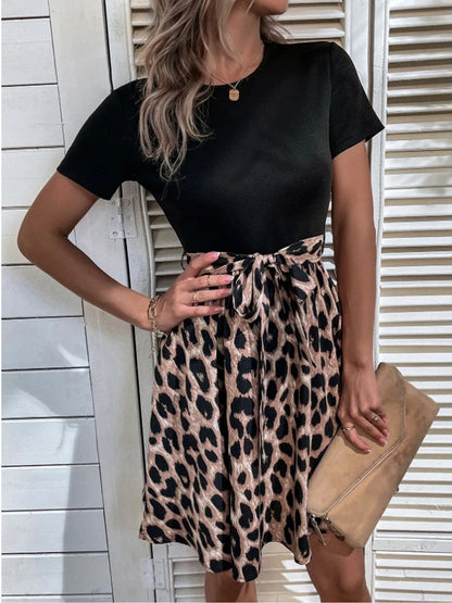 Women Leopard Patchwork A-line Dress 2024 Summer O Neck Short Sleeve Mini Dresses Office Lady Casual Dresses Vestido Playa