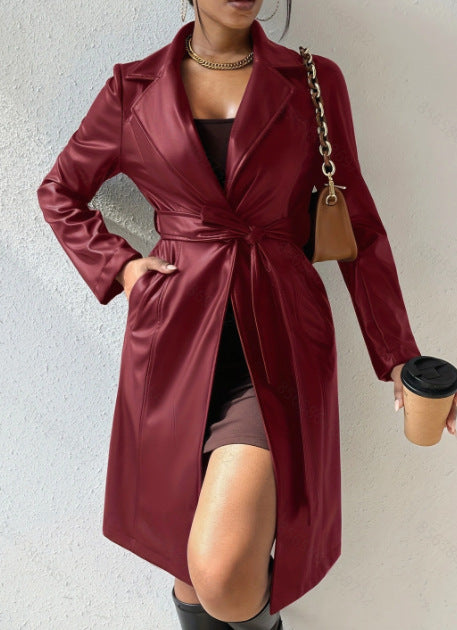 Veste en cuir PU à manches longues avec revers et poches, coupe slim, trench-coat long, vêtements pour femmes