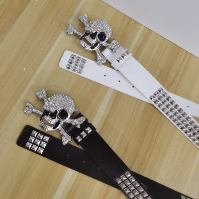 Belt With Rhinestone Skull Decoration Studded Metal