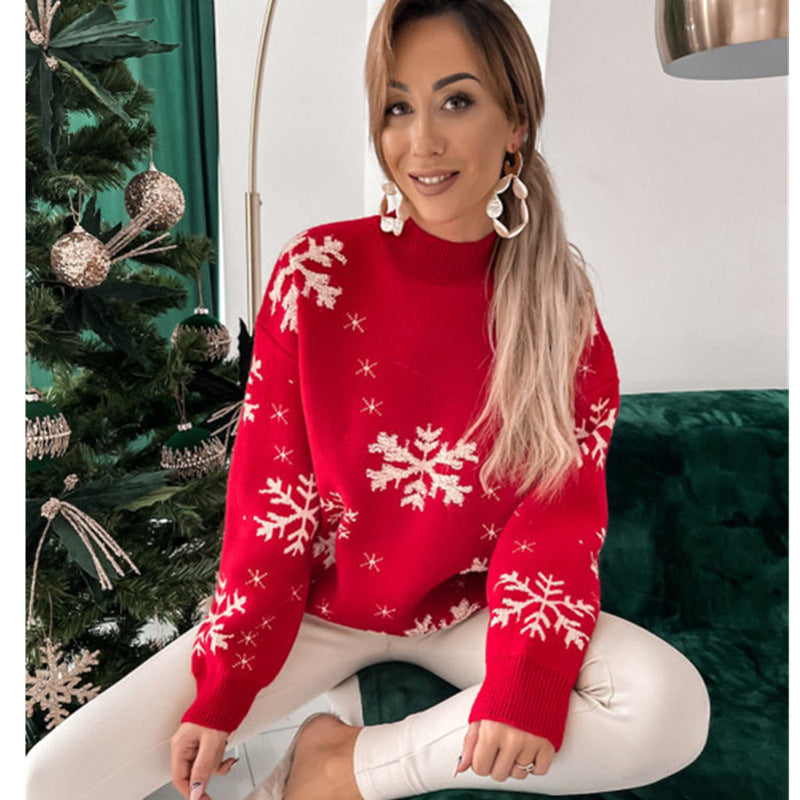 Pull de Noël pour femme, automne hiver, tricoté, moelleux, ample, décontracté, imprimé flocon de neige, manches longues, pulls, hauts, streetwear