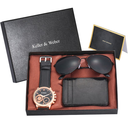 Men's Quartz Watch Sunglasses Wallet Combination Set