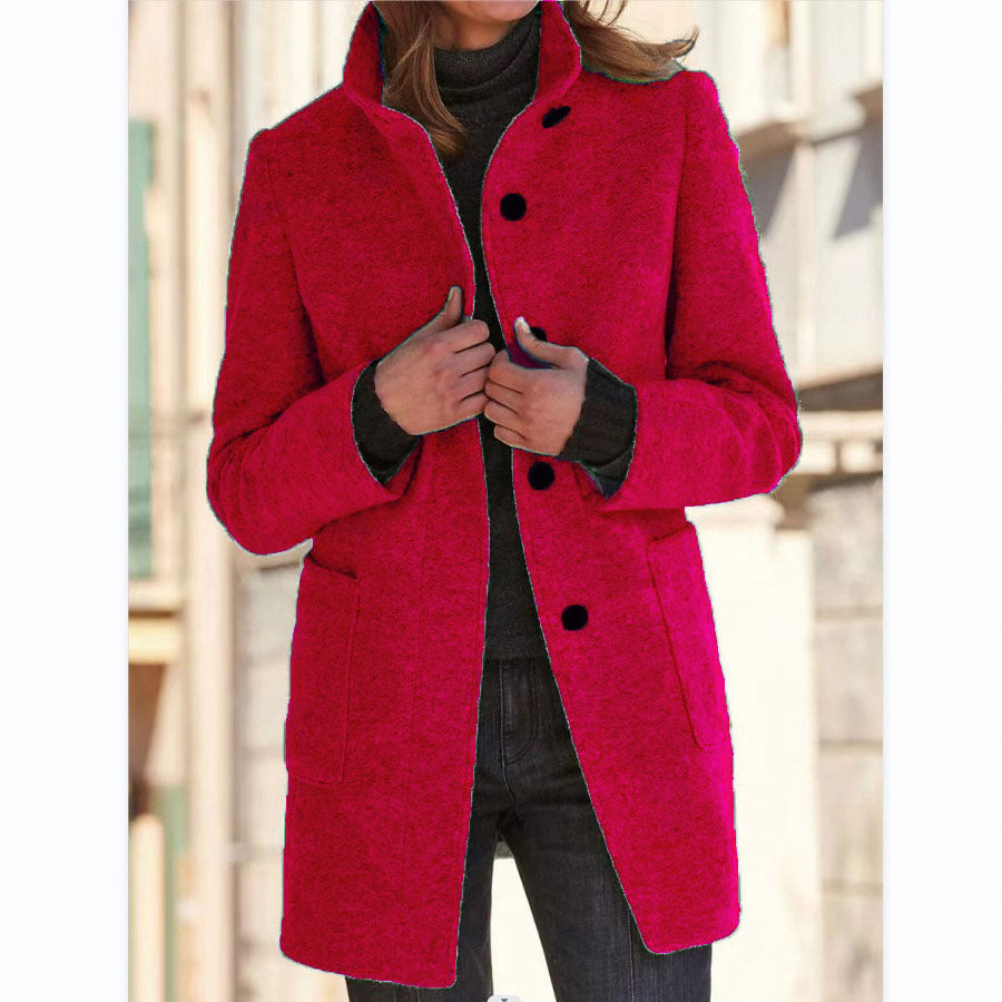 Manteau en laine à col montant avec poches pour femme, vêtement d'extérieur décontracté à boutons pour l'automne et l'hiver