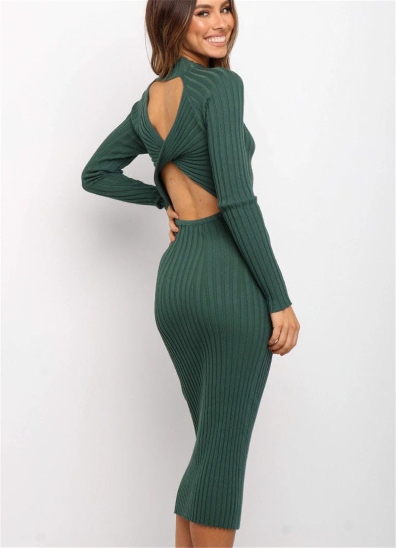 New Style Women's Suits Sweater Dresses Women's Solid Color Backless Bow Tight Dresses