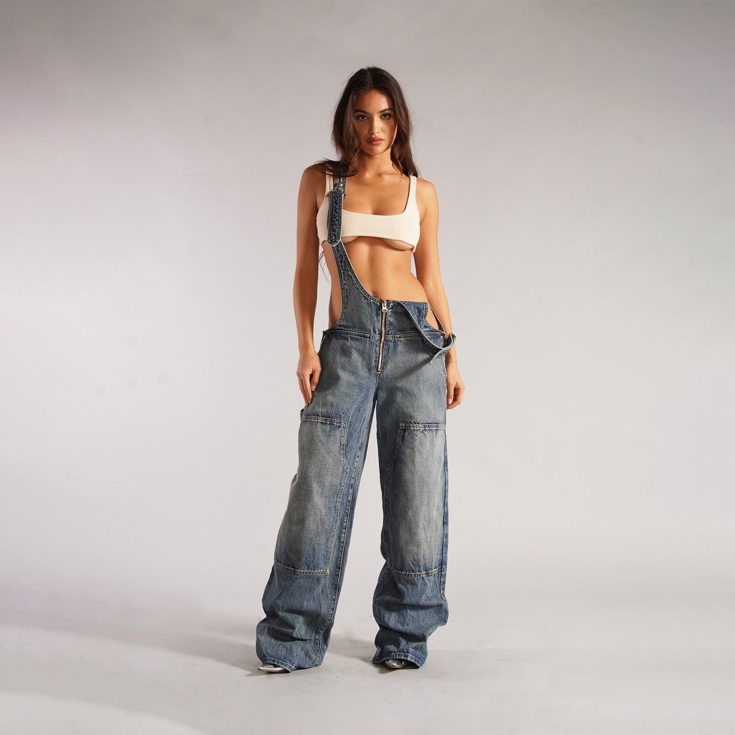 Salopette en jean à fermeture éclair Y2K avec poches Combinaison à bretelles ample à la mode Pantalon en jean streetwear Vêtements pour femmes