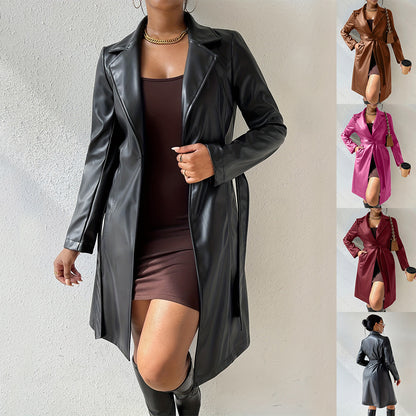 Veste en cuir PU à manches longues avec revers et poches, coupe slim, trench-coat long, vêtements pour femmes