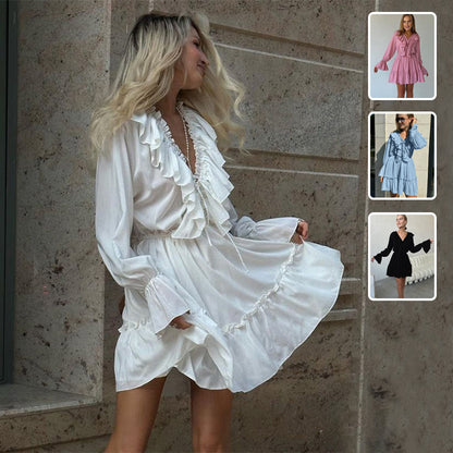 Robe à manches longues plissée à volants et col en V tendance Y2K Robe courte à manches évasées et col en V Vêtements pour femmes