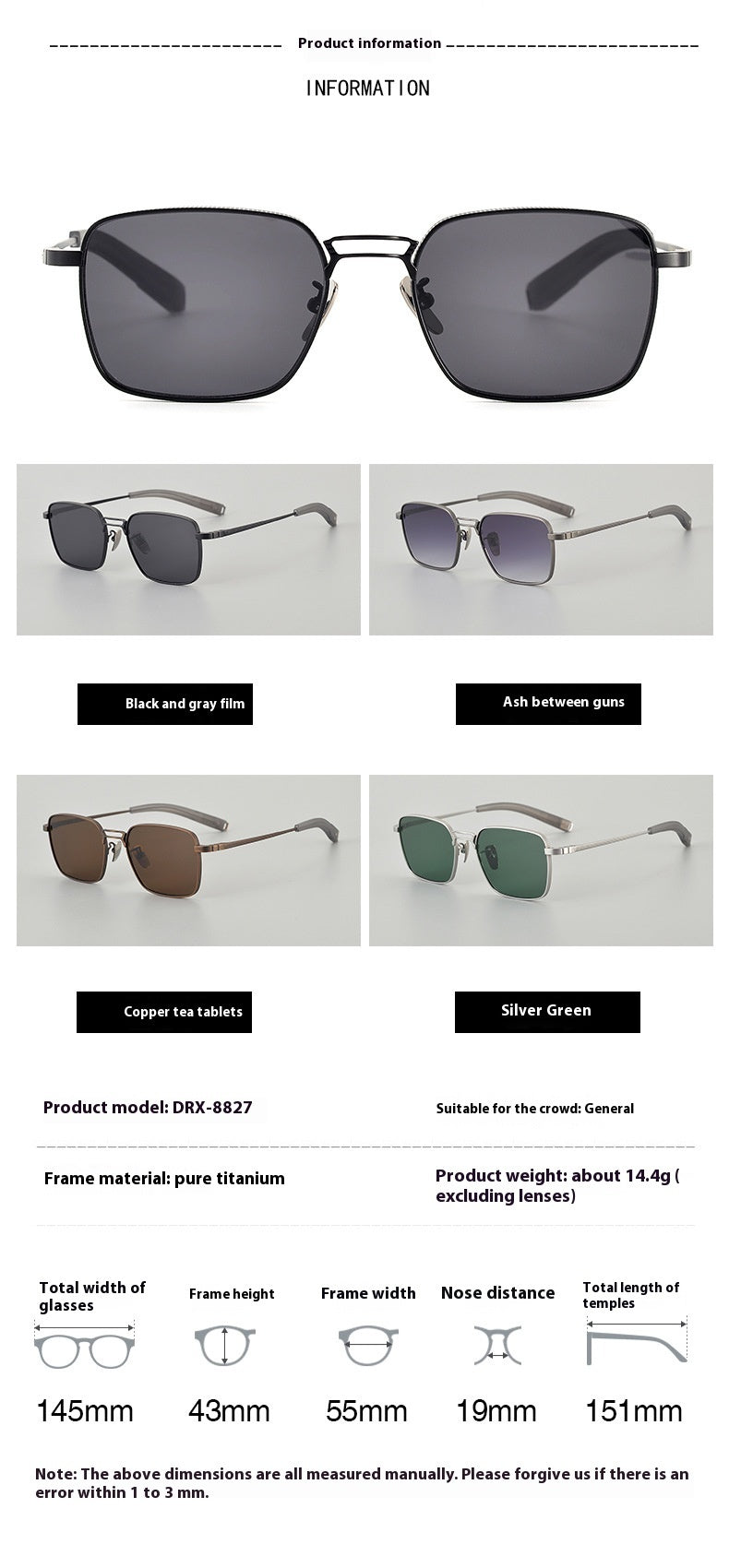 Lunettes de myopie à double faisceau à monture carrée en titane pur pour hommes