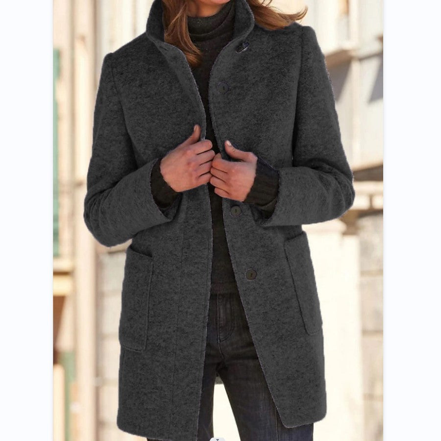 Manteau en laine à col montant avec poches pour femme, vêtement d'extérieur décontracté à boutons pour l'automne et l'hiver