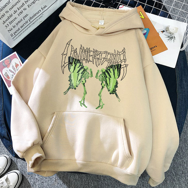 Sweat à capuche gothique avec motif tête de mort et papillon Harajuku