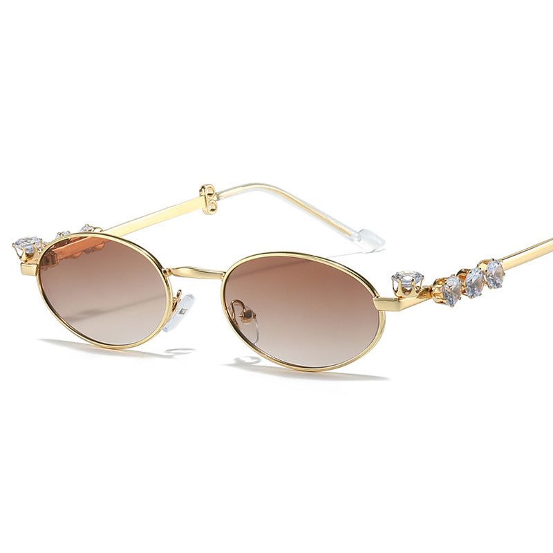 Diamond Decoration Oval Metal Sun Glasses