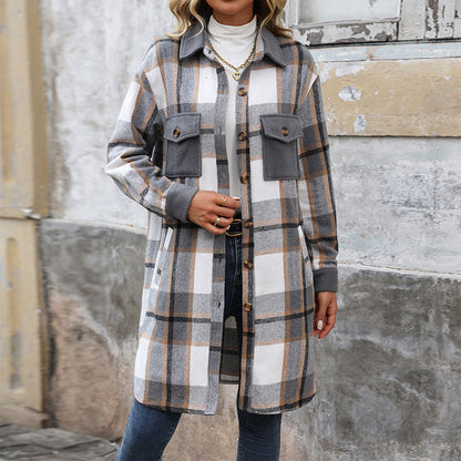 Nouveau manteau long à carreaux brossé avec poches veste d'hiver à la mode vêtements d'extérieur vêtements pour femmes